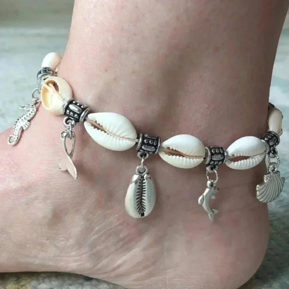 Real Puka Shell Seashell Summer Beach Ocean Slider Silver 5 Charm Anklet New NWT